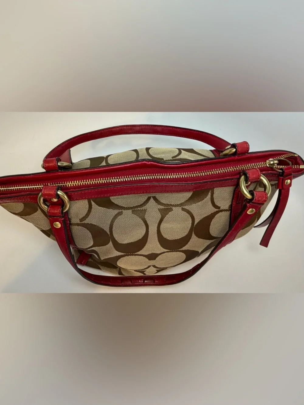 Coach Red Leather & Signature Print Tote with Plaid Interior #13005